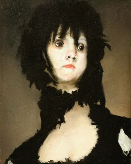 Prompt: A goth portrait painted by Francisco Goya. Her hair is dark brown and cut into a short, messy pixie cut. She has a slightly rounded face, with a pointed chin, large entirely-black eyes, and a small nose. She is wearing a black tank top, a black leather jacket, a black knee-length skirt, a black choker, and black leather boots.