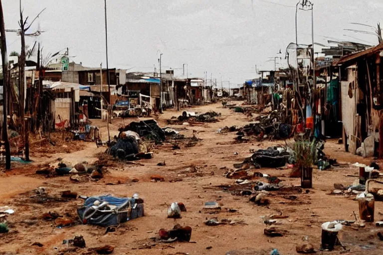 Prompt: film still of the main street in a shanty town, fishing village, in outback australia, houses like favelas made of scrap wood and metal, at night, flooded ground, skulls on the ground, bones on the ground, weeds