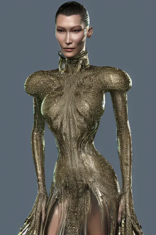 Image similar to a highly detailed 4 k render of a beautiful alien goddess bella hadid in iris van herpen dress metallic schiaparelli in diamonds and jewelry in style of alphonse mucha trending on artstation made in unreal engine 4