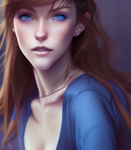 Prompt: drawing of a woman with blue eyes, brown hair and a perfect body, wearing clothes, character design by charlie bowater, ross tran, artgerm, and makoto shinkai, detailed, soft lighting, rendered in octane