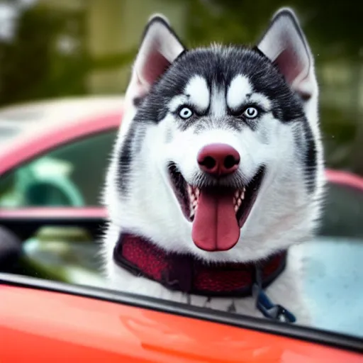 Prompt: photo of a happy husky driving to mcdonalds in a ford pinto while it ’ s raining and the sun is setting