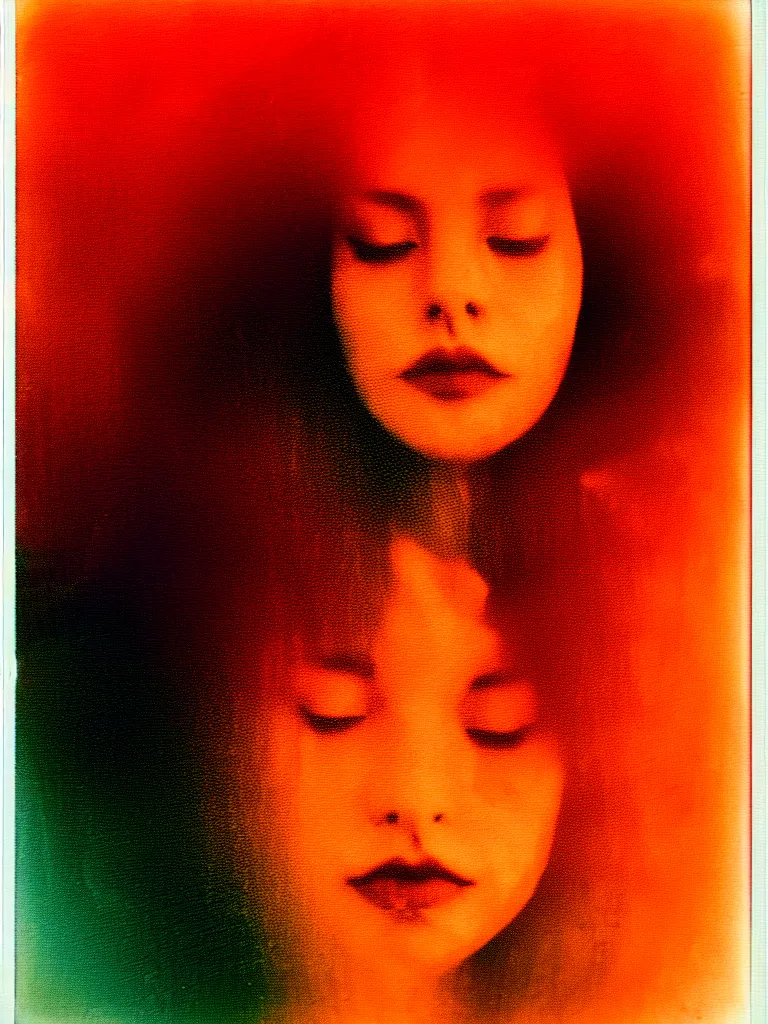 Image similar to a woman's face in the water, serene emotion, new polaroid, glitchy patterns, hazy, red, orange, yellow, soft lighting