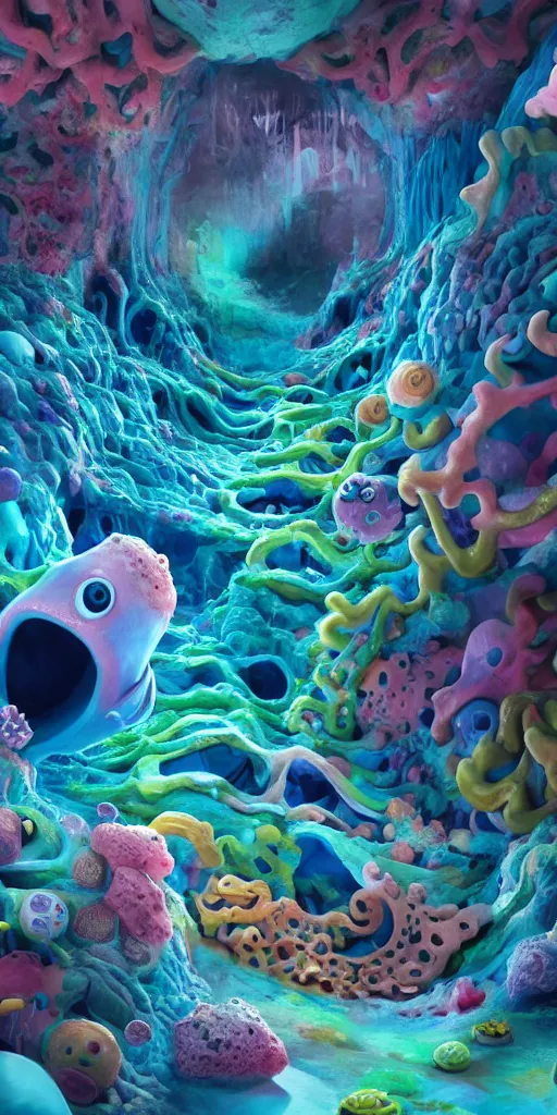 Image similar to of a colorful deep sea cave with strange cute friendly happy creatures with huge eyes, mouth, long tongue and round teeth appearing from sandy coral, in the style of gehry and gaudi, macro lens, shallow depth of field, ultra detailed, digital painting, trending artstation, concept art, illustration, cinematic lighting, photorealism, epic, octane render