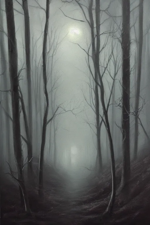 Image similar to dark and spooky woods. atmospheric, foggy, oil painting on canvas. fairytale