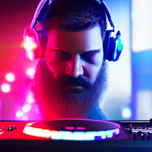 Image similar to electronic dj portrait, dj performing live streaming to online, cyberpunk 2 0 7 7, cyberpunk, photorealistic, ultra detailed, neon, octane, bokeh, cinematic lighting, cyber, cyberpunk city, headphones, studio quality, feature, scars, cyberface, 8 k