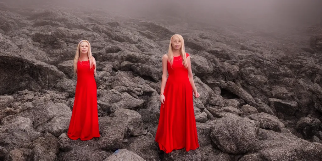 Image similar to a blonde teenage girl in a floor length red dress stands amidst a rocky landscape lit by an eerie blue light surrounded by mist