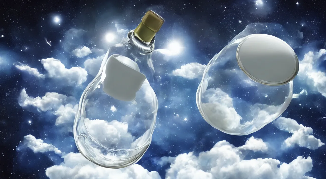 Image similar to clouds in a bottle, in space, floating