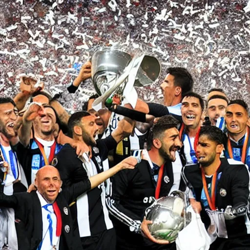 Prompt: sd compostela wins the champions league with borja iglesias captain lifting the cup at the santiago bernabeu stadium