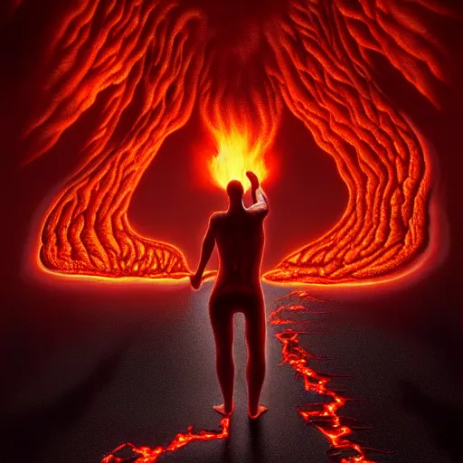 Image similar to ( a screaming man walks on lava towards the gates of hell ) by jason edmiston, photorealistic, dynamic lighting, very detailed faces, trending on artstation, wallpaper, dream, 4 k, award winning, vivid colors, beautiful fire