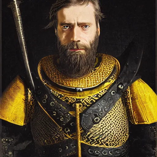 Image similar to Closeup of frustrated and acerbic male medieval sergeant with a {short} beard wearing a {black and yellow tabard} over a steel breastplate and a black gambeson looking up from a map on a table, intricate, dramatic lighting illustration by Greg Rutkowski, {perfect face}, {perfect eyes}, fantasy