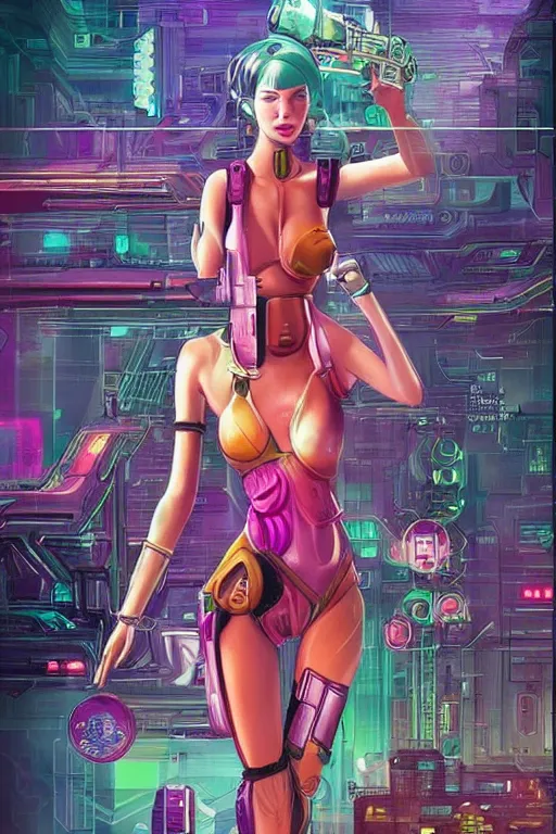 Prompt: attractive female android in feminine pose on a hyper-maximalist overdetailed retrofuturist scifi bookcover illustration from '70s. Inspired by shadowrun darkscifi utopia.. Biopunk, solarpunk style. Daytime
