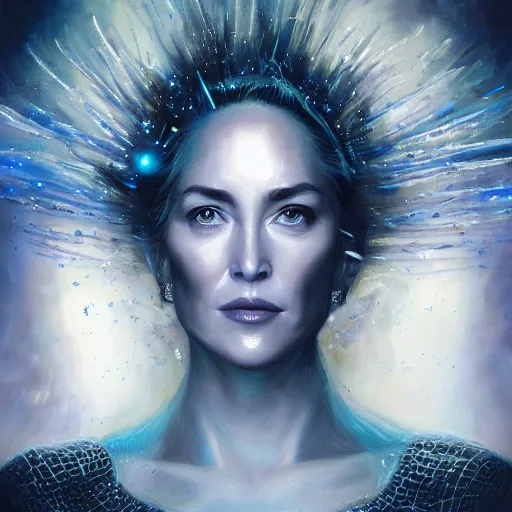 Prompt: masterpiece portrait of an aesthetic elegant mage woman, ice spell, 3 0 years old woman, sharon stone like, soft face, black dynamic hair, wearing silver diadem with blue gems inlays, silver necklace, painting by joachim bergauer and magali villeneuve, atmospheric effects, chaotic blue sparks dynamics in the background, intricate, artstation, instagram, fantasy