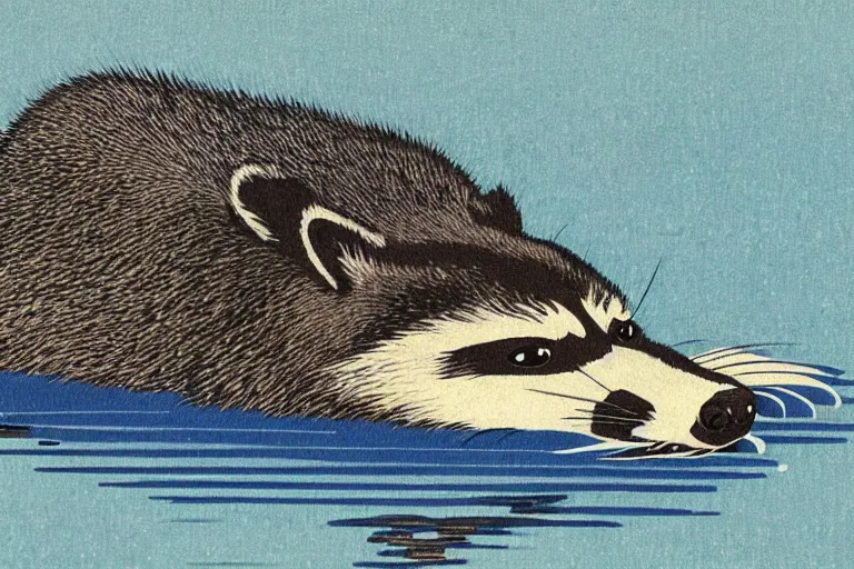 Prompt: raccoon in kimano swims floats on a boat on the waves, Hasui Kawase