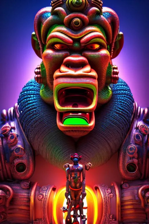 Prompt: high quality 3 d render post - rococo cyberpunk hanuman! head building, neon madhubani, open mouth, highly detailed, in sci - fi new delhi, cinematic smooth unreal engine, lee madgwick & liam wong, dramatic light, low angle, uhd 8 k, sharp focus