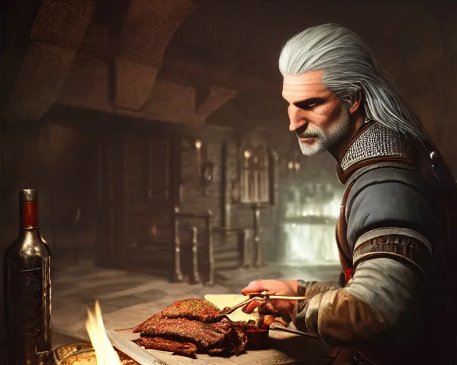 Image similar to 5 5 mm portrait photo of geralt of rivia serving doner kebab, in kaer morhen. dark atmosphere. art by greg rutkowski. highly detailed 8 k. intricate. lifelike. soft light. nikon d 8 5 0.