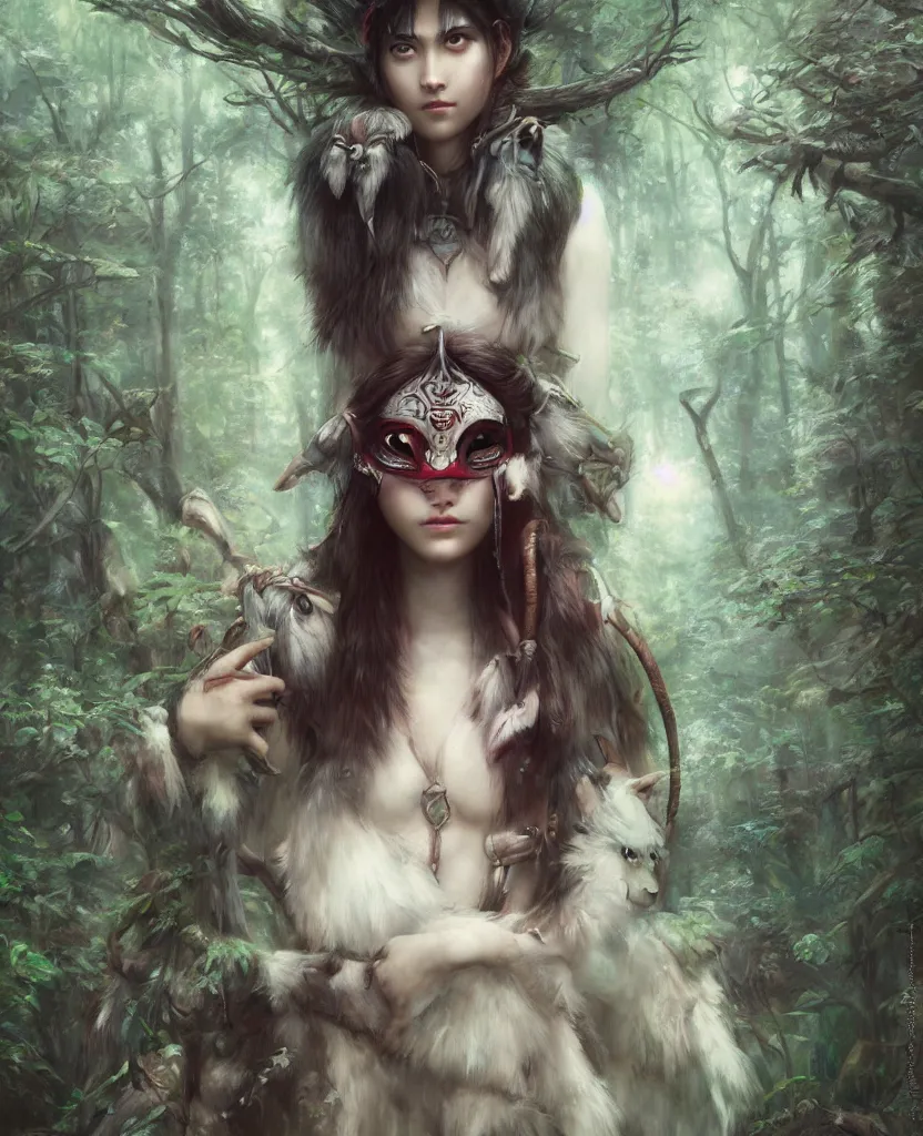 Image similar to portrait of Princess Mononoke wearing mask, lush forest landscape, painted by tom bagshaw, proko, artgerm, norman rockwel, james gurney, denoised, sharp,