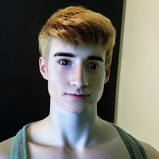 Image similar to “a realistic detailed photo of a guy who is an attractive humanoid who is half robot and half humanoid, who is a male android, twitch streamer Ninja Tyler Blevins, shiny skin, posing like a statue, blank stare”