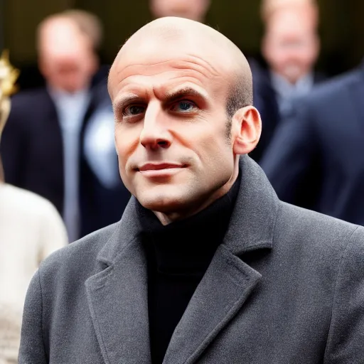 Prompt: Bald Emmanuel Macron shaved his head bald