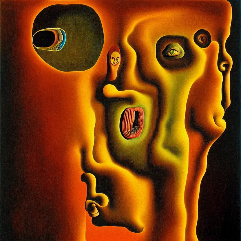 Prompt: a face coming out of a face coming out of a face, recursion, surreal, by salvador dali and max ernst, oil on canvas, weird, dreams, fantasy, soft lighting, warm colors