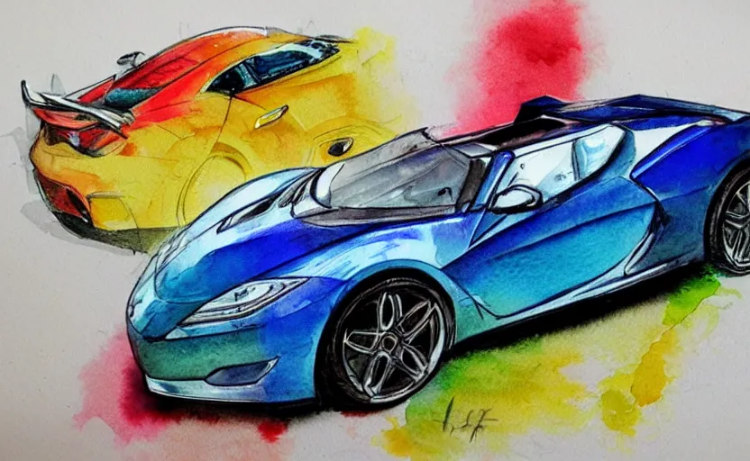 Image similar to colorful watercolor sketch of a sport car, highly detailded