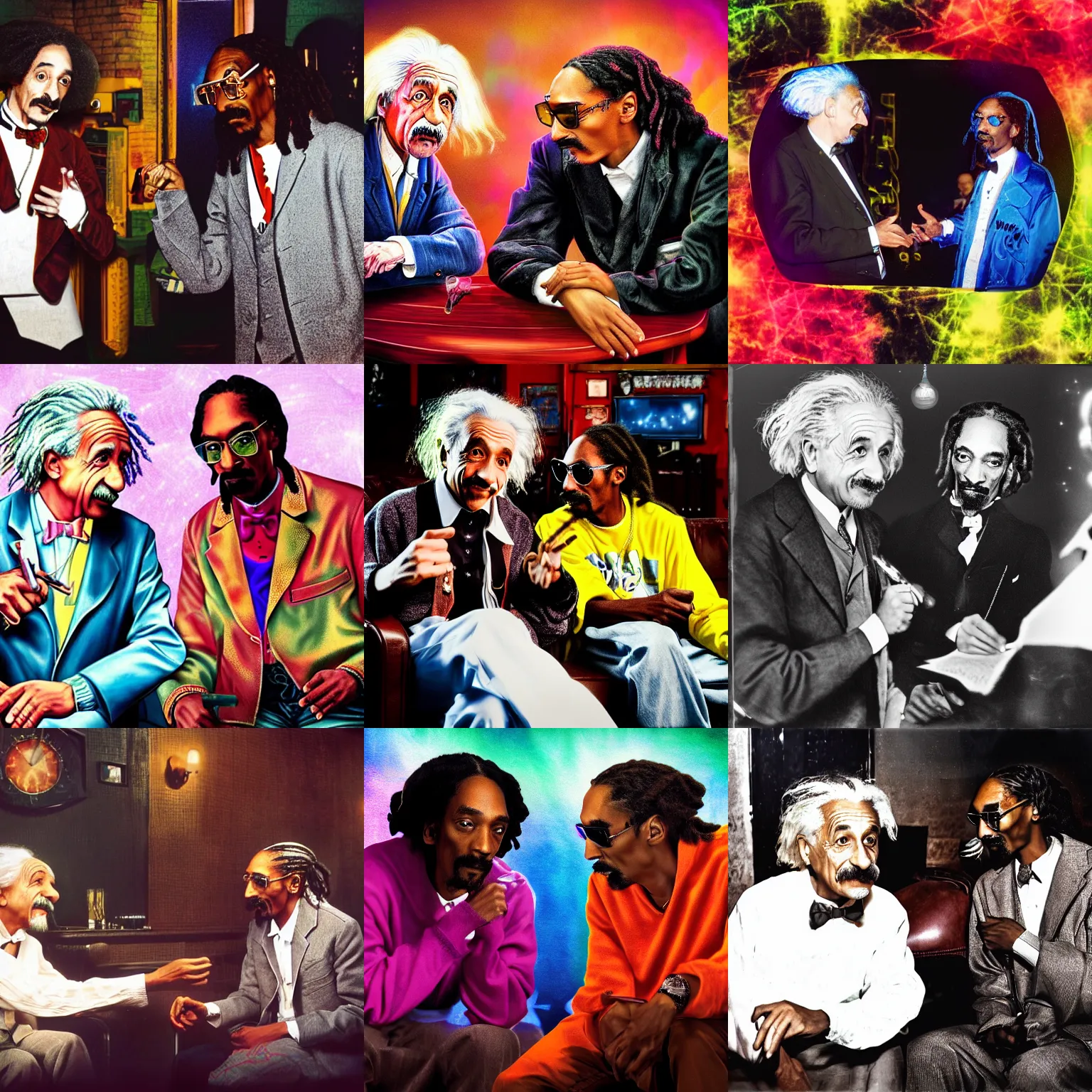Prompt: potrait Photograph of Albert Einstein and Snoop Dogg discussing theoretical physics ideas in a club club, colorful photograph, 4k, HDR