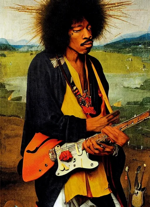 Image similar to jimy hendrix at woodstock by hieronymus bosch