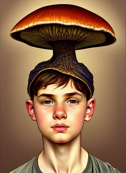 Prompt: oil portrait of a boy with a big mushroom cap on his head, intricate, elegant, highly detailed, lighting, painting, artstation, smooth, illustration, art by greg rutowski and alphonse mucha