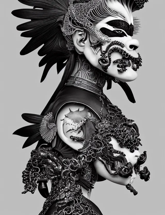 Image similar to 3 d goddess close - up profile portrait punk with mohawk in victorian style with ram skull. beautiful intricately detailed japanese crow kitsune mask and clasical japanese kimono. betta fish, jellyfish phoenix, bio luminescent, plasma, ice, water, wind, creature, artwork by tooth wu and wlop and beeple and greg rutkowski