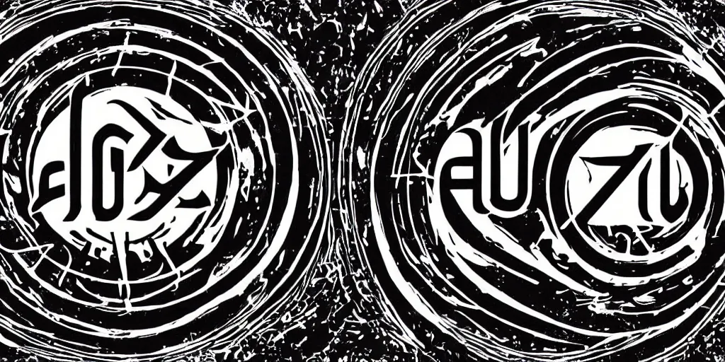 Image similar to Ellus logo, 70s progressive rock logo, typography, Rush band, Tool band, Eloy band, white font on black canvas