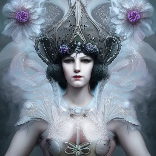 Image similar to tom bagshaw, soft painting fractal curiosities fairy carnival, single beautiful female in full nightshade gothic armor, accurate features, focus, very intricate ultrafine details, black white purple volumetric clouds, award winning masterpiece, octane render 8 k hd