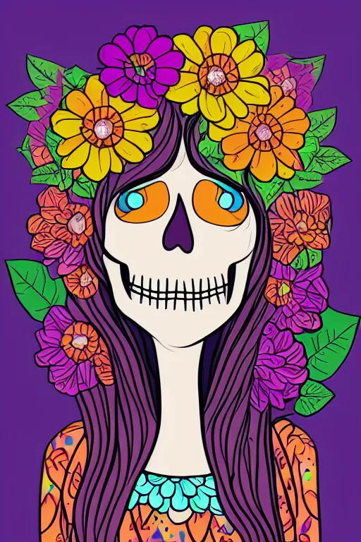 Prompt: portrait of a flower skeletor girl, art by milka oxana, sticker, colorful, illustration, highly detailed, simple, smooth and clean vector curves, no jagged lines, vector art, smooth