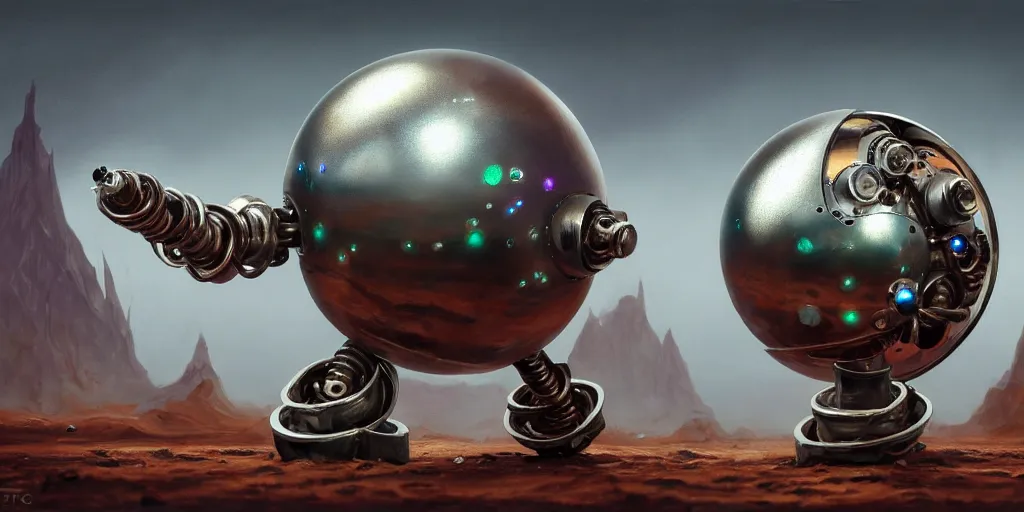 Image similar to tarnished chrome drilling robot with a sphere for a head, matte oil painting, retrofuturistic, colorful, concept art, science fantasy, mutant, lgbt, rpg, epic, rusted, salt, jungles, dungeons & dragons, sharp focus, award - winning, extremely detailed, 4 k, 8 k