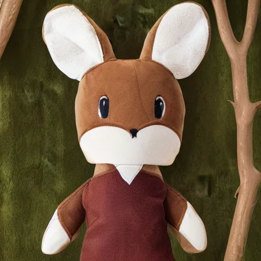 Image similar to a portrait of a realistic deer plush doll with forest background