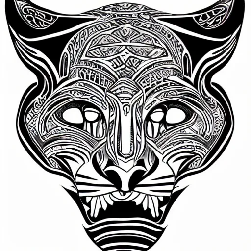 Image similar to jaguar head tattoodesign, geometrical, symmetrical, frontview, black and white, white background. very detailed ink drawing, fine lineart, extremely detailed