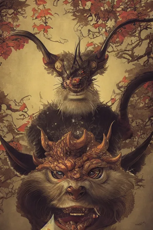 Image similar to a portrait of a drunk japanese devil animal illustrated by miyazaki by karol bak, james jean, tom bagshaw, rococo, sharp focus, trending on artstation, cinematic lighting, hyper realism, octane render, 8 k, hyper detailed, vivid, ultra detailed, highly detailed