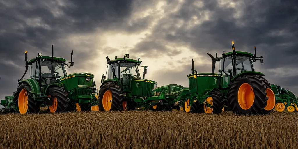 Prompt: a photorealistic commercial photo of dutch protesting farmers in their john deere tractors, dramatic lighting, octane render, 8 k, hdr