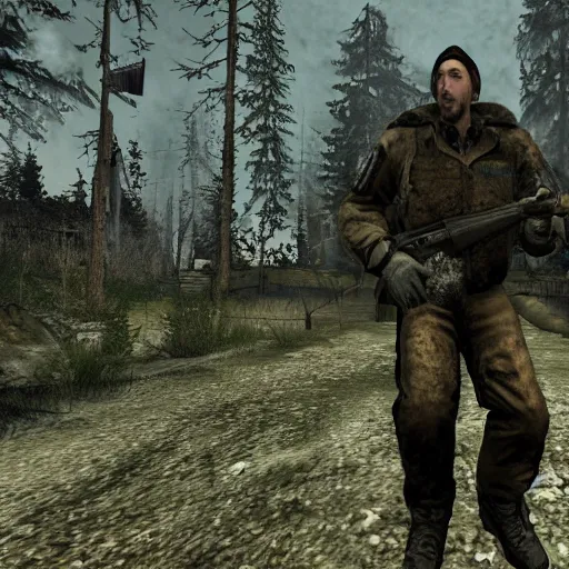 Image similar to Nicholas Cage in S.T.A.L.K.E.R PC game, screenshot, max graphics settings