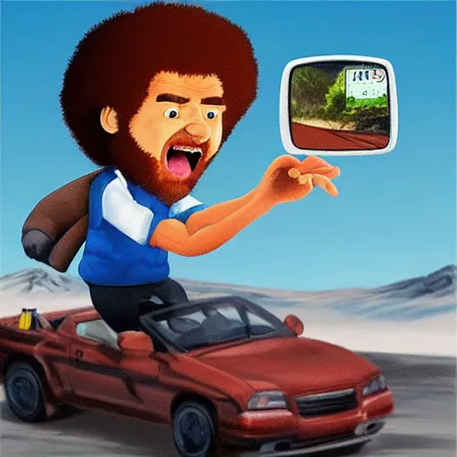 Prompt: a tiny angry bob ross screaming and running in rear view mirror