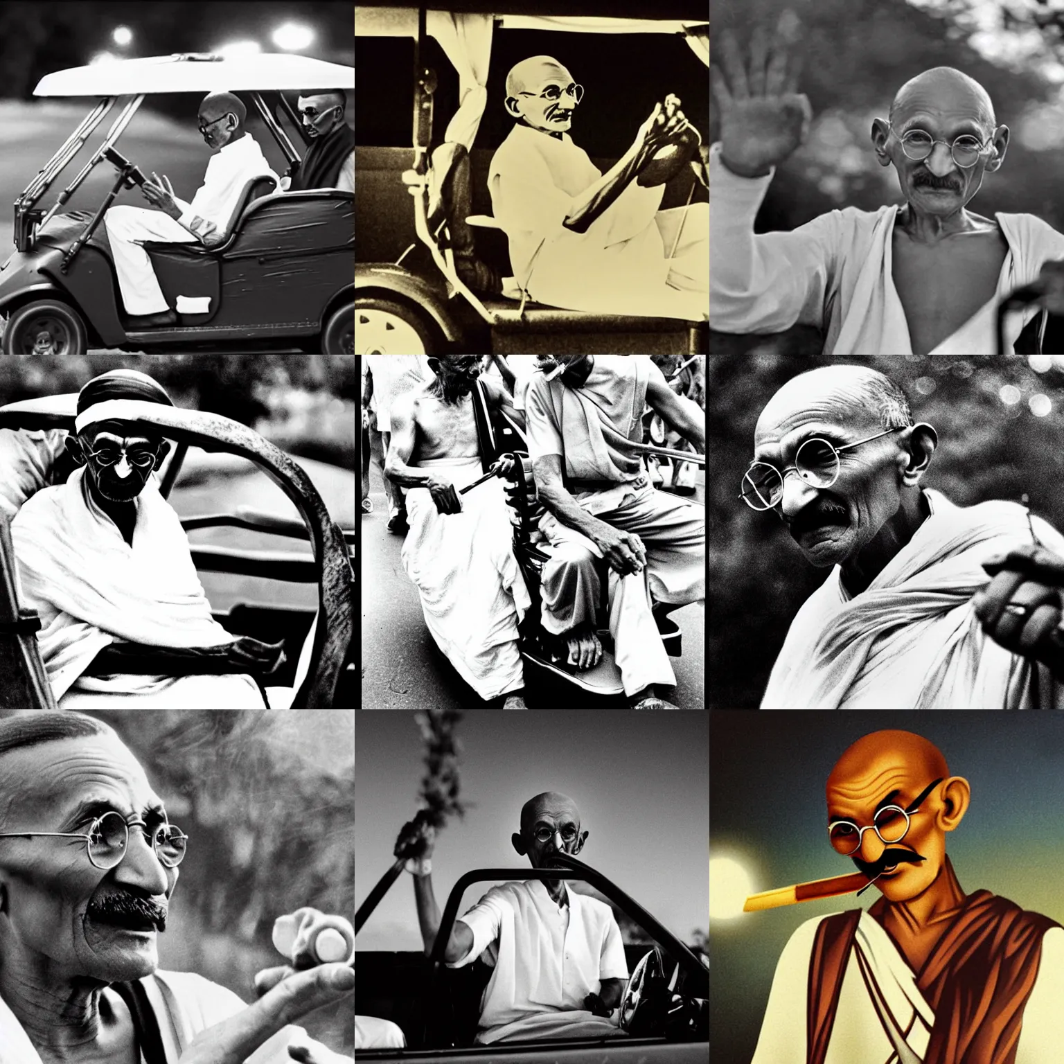 Prompt: Mahatma Gandhi riding a golf cart smoking a joint, taking a hit of joint with one hand on the steering wheel, night time, cinematic