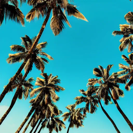 Image similar to surreal palm trees floating floating floating in blue sky, random positions floating, flying