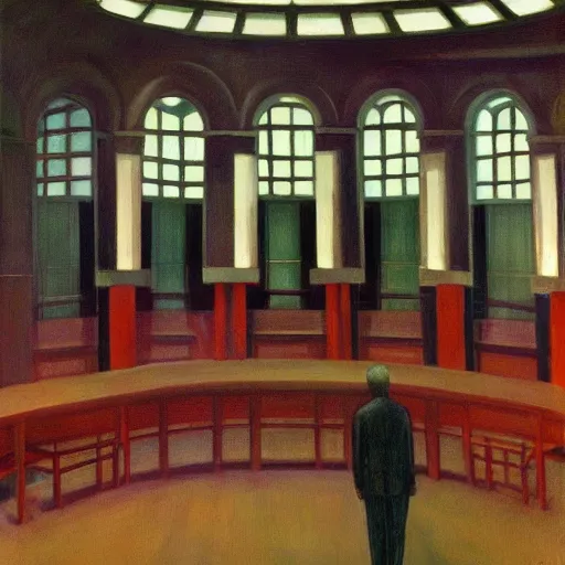 Image similar to mind control facility interior, dystopian, pj crook, edward hopper, oil on canvas