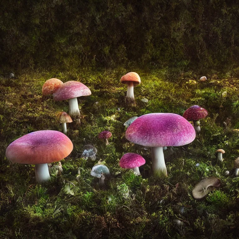 Image similar to a planet of various fungus like trees, mushrooms, flowers and plants, artistic photography, conceptual, long exposure outside the city, volumetric light