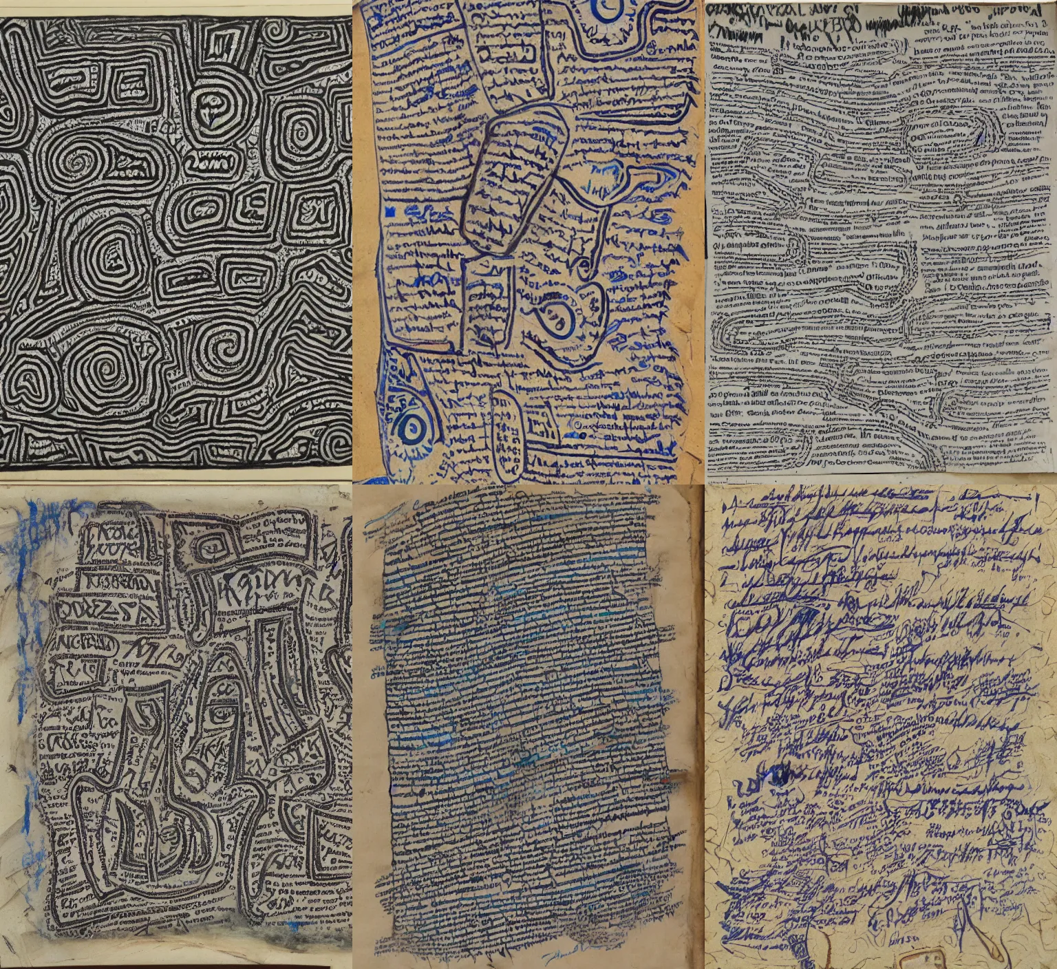 Prompt: a old paper with aboriginal writing and doodles, blue ballpoint pen, annotations and scratches, 1200 dpi, 8k