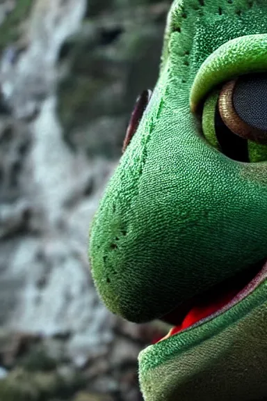 Image similar to very very intricate photorealistic photo of green yoshi in an episode of game of thrones, photo is in focus with detailed atmospheric lighting, award - winning details