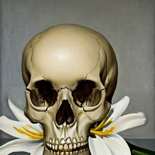 Prompt: a painting of a human skull with diamonds for eyes nestled on a bed of white lilies, dark shadowy background, in the style of a still life painting by francisco de zurbaran