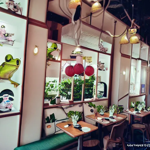 Image similar to cute frog themed cafe, japanese cafe photography,