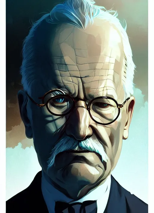 Prompt: portrait of old carl gustav jung with stoic expression, epic lighting, in the style of artgerm and charlie bowater and atey ghailan and mike mignola, vibrant colors and hard shadows and strong rim light, comic cover art, plain background, trending on artstation