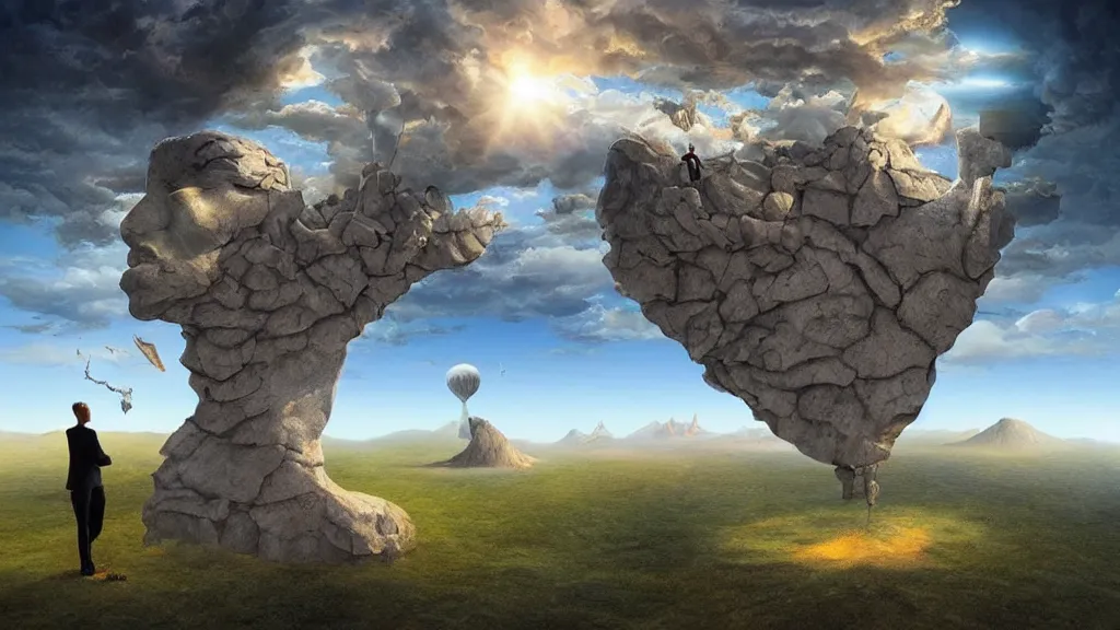 Image similar to surreal landscape with anthropomorphic!!! terrain!!! in the styles of igor morski, jim warren, and rob gonsalves, intricate, hyperrealistic, volumetric lighting, big sky, distinct horizon