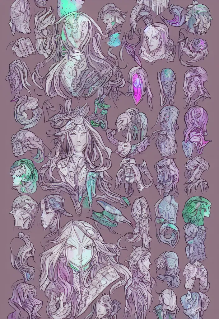 Prompt: eldritch spirit wearing stained glass armor, cell shading ambient occlusion, isometric character sheet, long hair, pastel pallette, detailed eyes