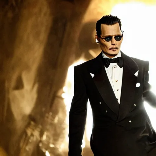Prompt: johnny depp as James Bond, action scene, cinematic